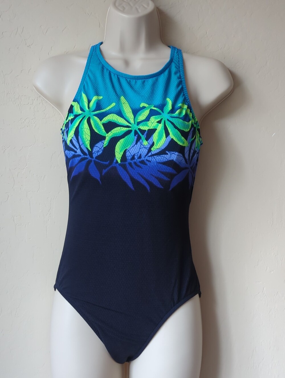 Vintage Jantzen One Piece Swimsuit Sz 10 High Neck Tropical Floral Scooped Back